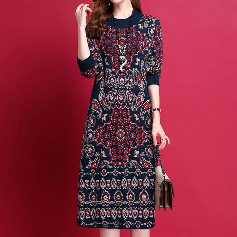 

Women's Vintage Print Patchwork Knit Sweater Dress, Autumn Winter Clothes, Female Fashion, Half High Collar, 2024