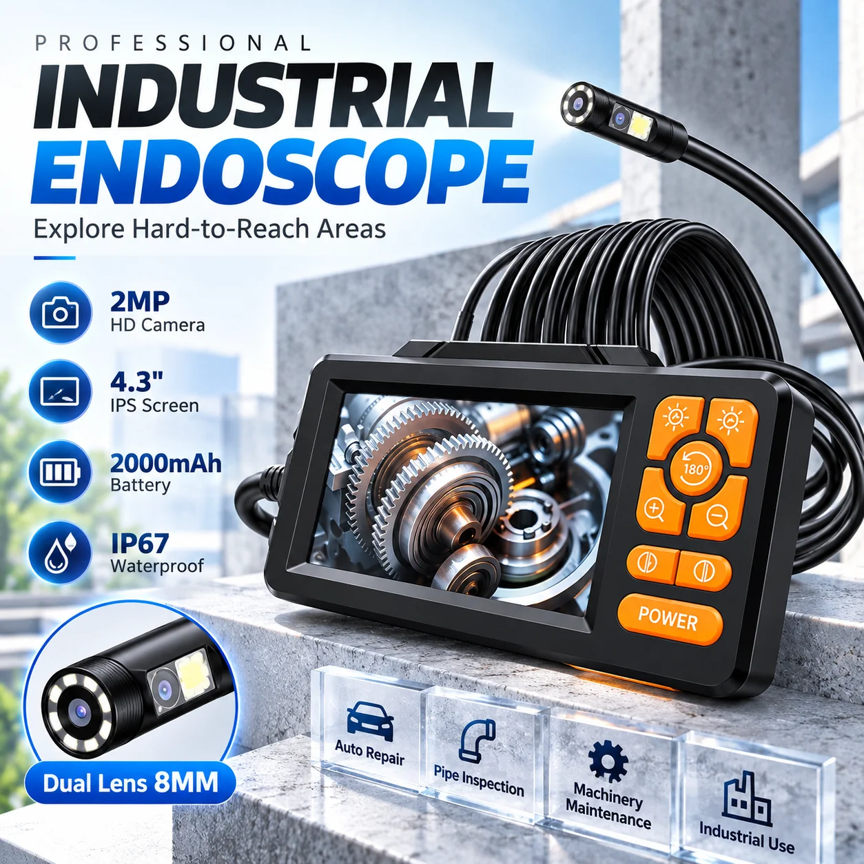 4.3 Inch LCD Screen Endoscope Camera 1080P Waterproof Borescope for Sewer Drain Pipe Plumbing Inspection