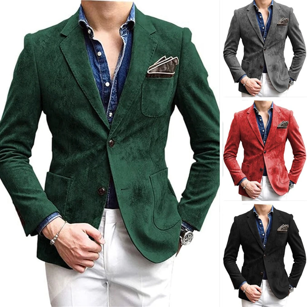 Jaket Blazer Pria Pakaian Luar Bisnis Retro Pakaian Musim Gugur Musim Dingin Desain Slim Fit Gaya Lengan Panjang Pakaian Musim Dingin Pola Solid