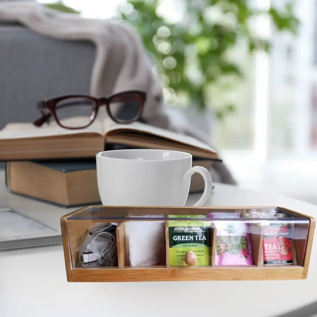 

Bamboo Separated Flip Tea Box Wooden Packaging Box 5-grid Storage with Transparent Acrylic Board Tea Bag Storage