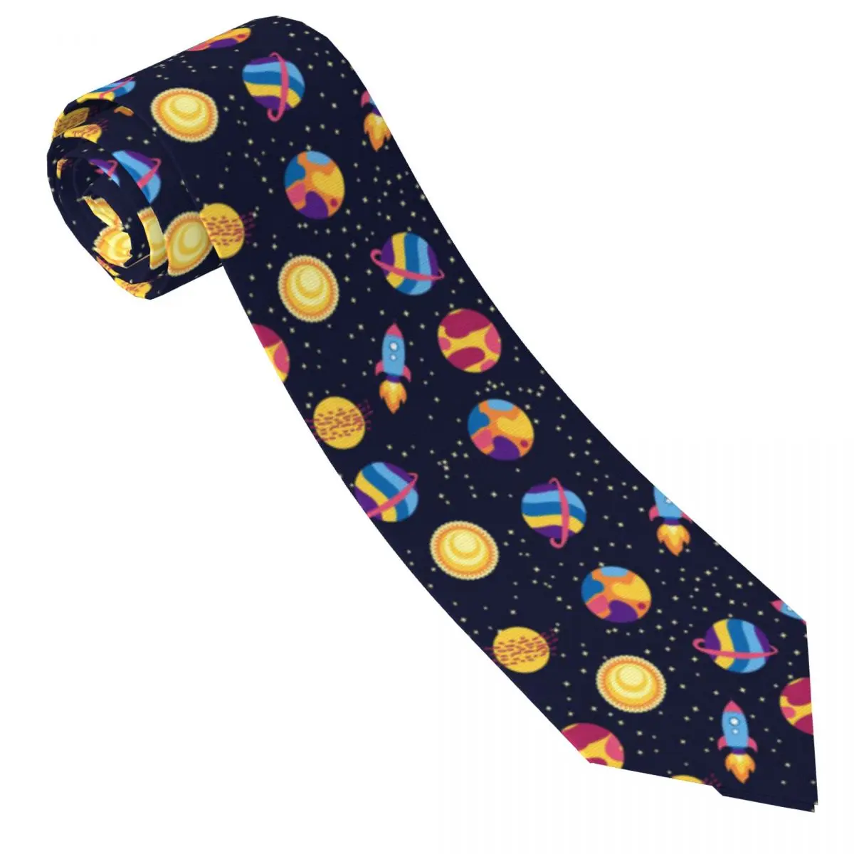 Mens Tie Slim Skinny Planets Rockets And Stars Necktie Fashion Free Style Tie for Party Wedding