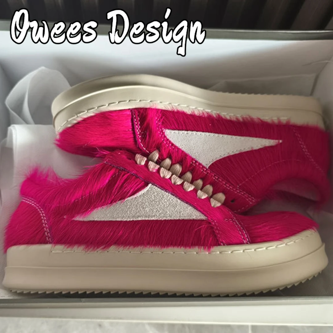 Punk Style Women Horsehair Sneakers Men Casual Shoes Genuine Leather Lace Up Luxury Trainers High Street Loafers Flats Shoes