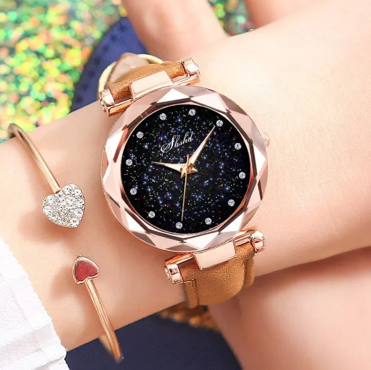 Hot selling fashion star sparkly sanded leather watches Girl ladies quartz watches