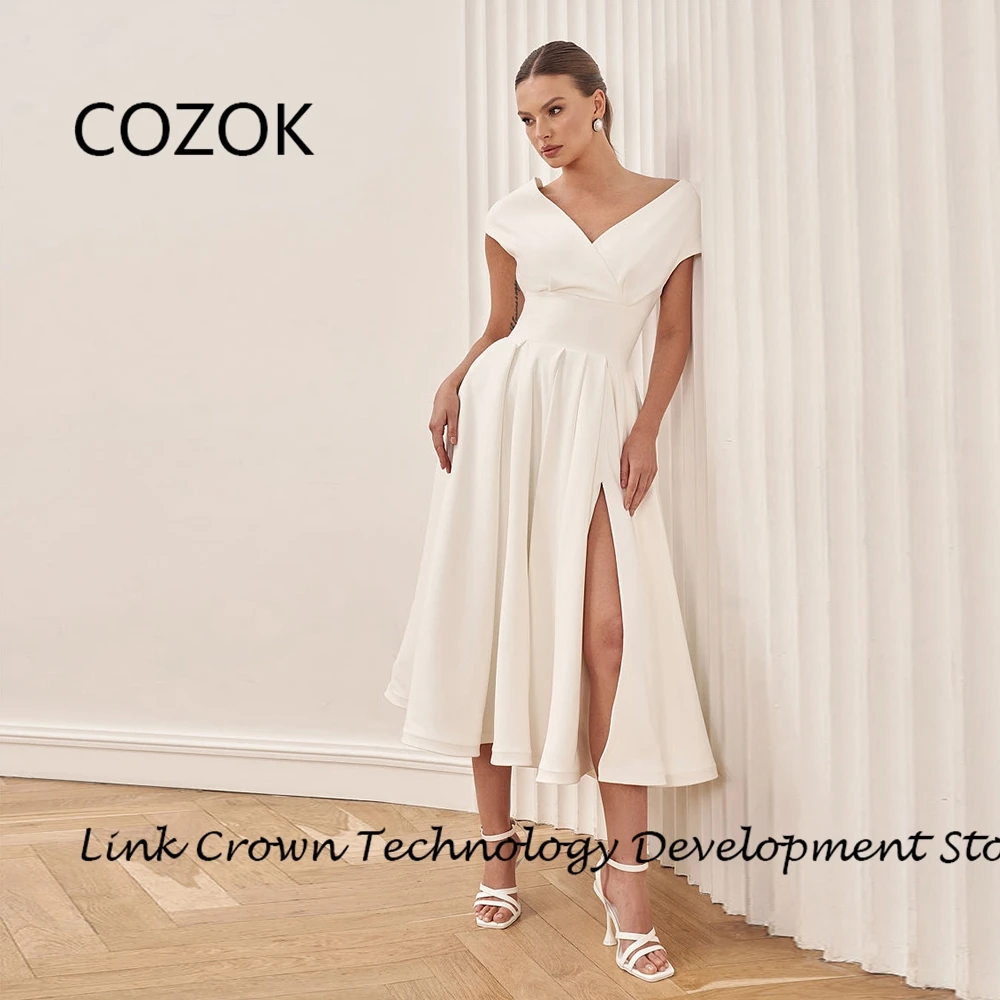 

COZOK Strapless Wedding Dresses with Jersey Off Shoulder Bridal Gowns New Side Slit Vestidos De Novia 2024 Summer Tea Length