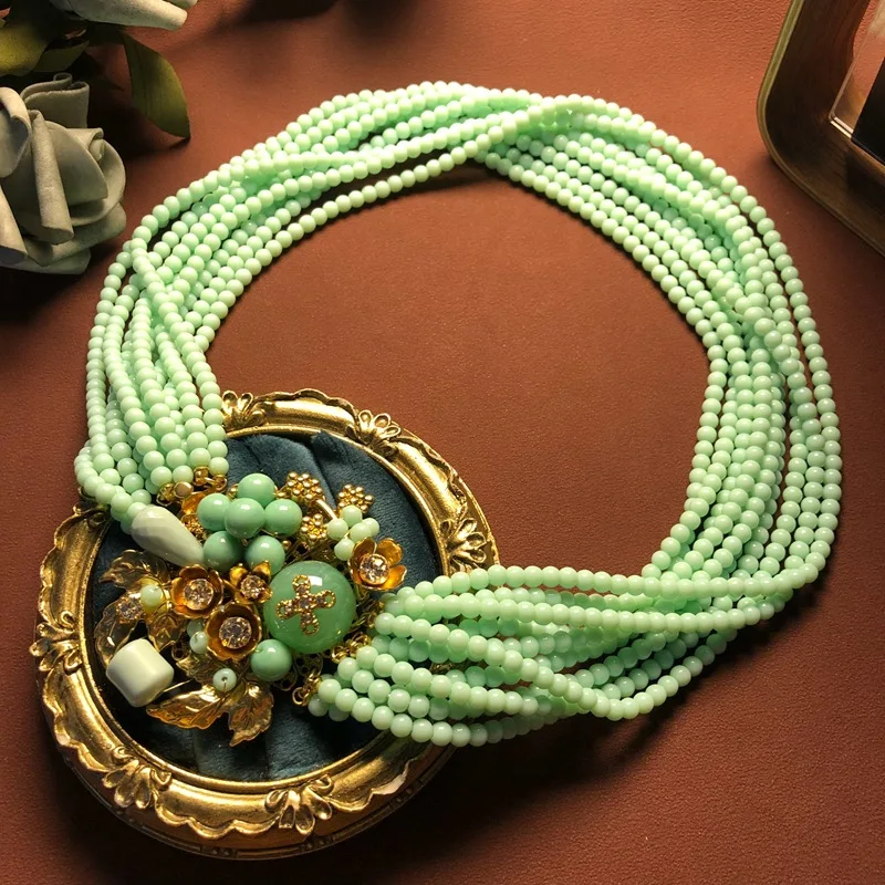 

Medieval Vintage Jewelry Necklace Hand-woven Heavy Industry Switch Design Multi-layer Glass Bead Sweater Chain Choker for Women