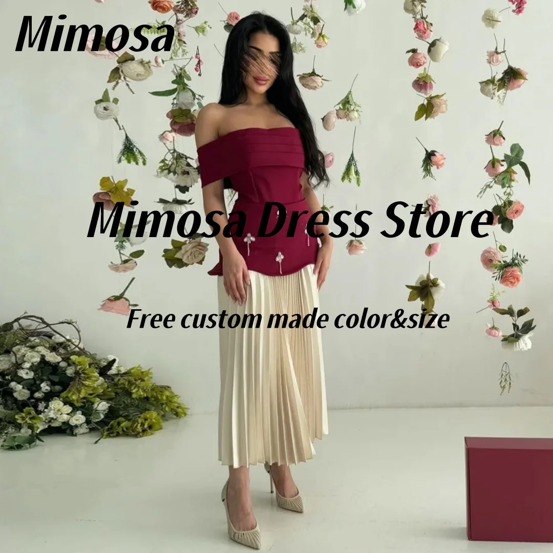 

Mimosa Two Pieces Prom Dresses 2025 Boat Neck Crystals Birthday Party Dress Ankle Length Pleats Evening Gowns Customized
