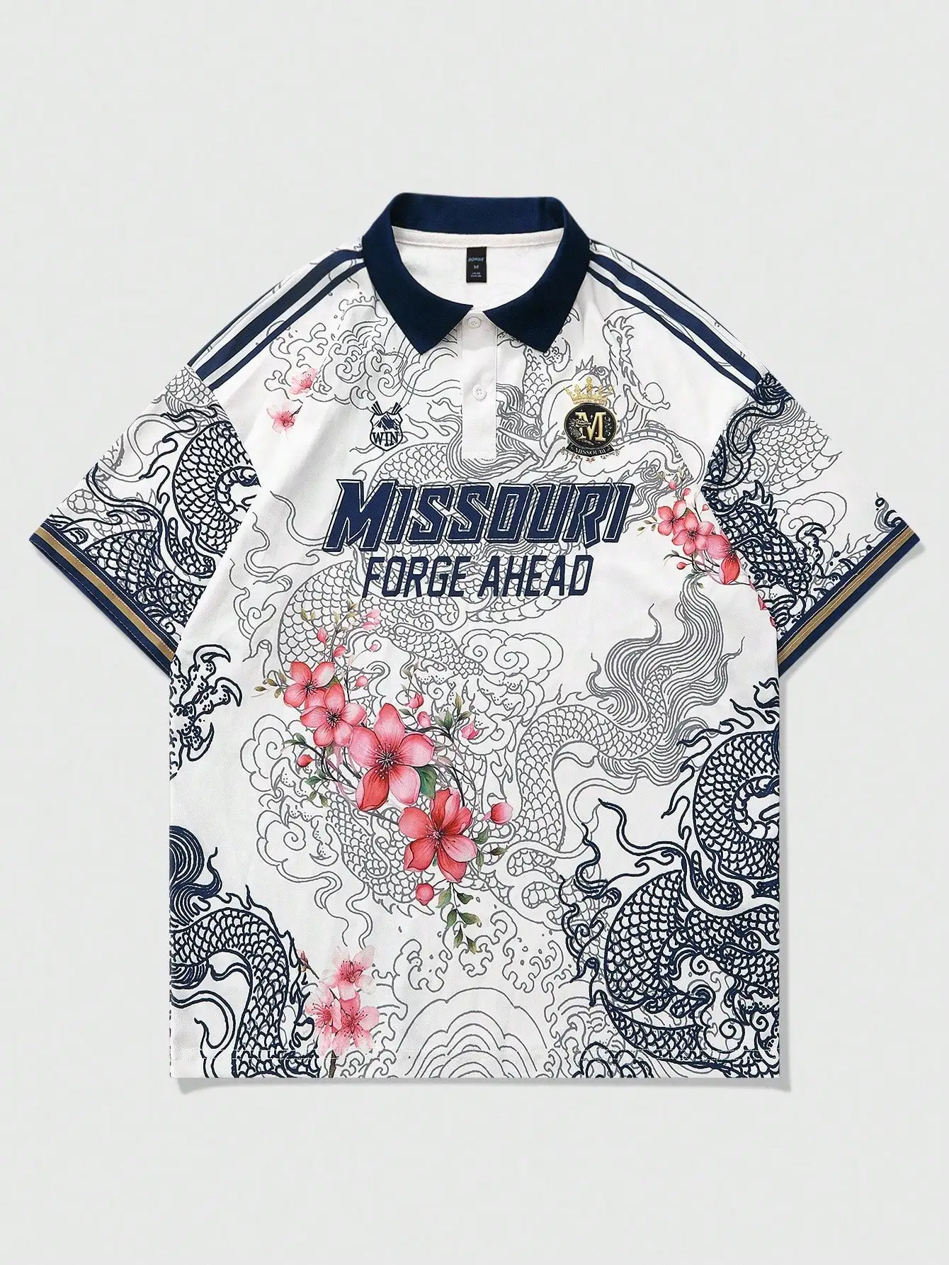 

Men's White Dragon & Floral Print Polo Shirt, Casual Street Style, Spring Summer