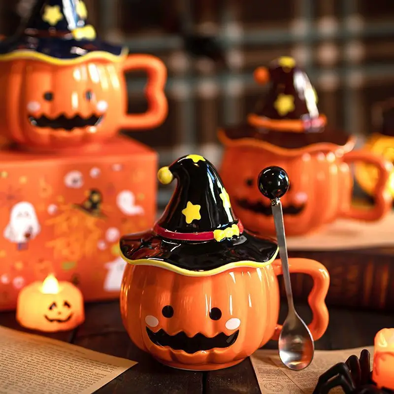 Perfect Cute Pumpkin Wizard Hat Ceramic Mug with Lid Spoon Funny Gift for Women Office Desk Halloween