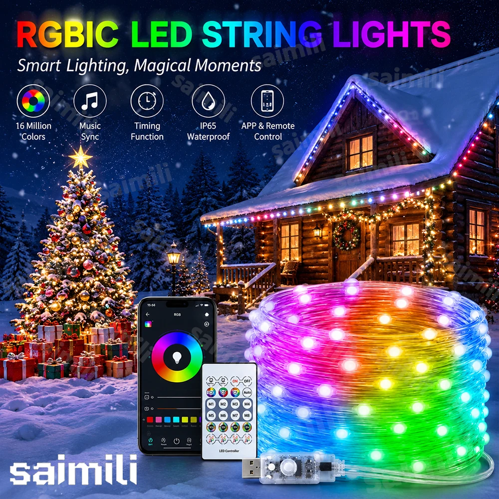 RGBIC WS2812B LED String Light USB 5V Bluetooth Music Sync Dream Color For Christmas Home Holiday Party Atmosphere Decor