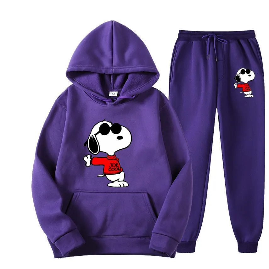 Snoopy setelan Sweatshirt wanita Anime kartun, celana Pullover pria mode baru, setelan celana Hoodie pasangan musim semi musim gugur