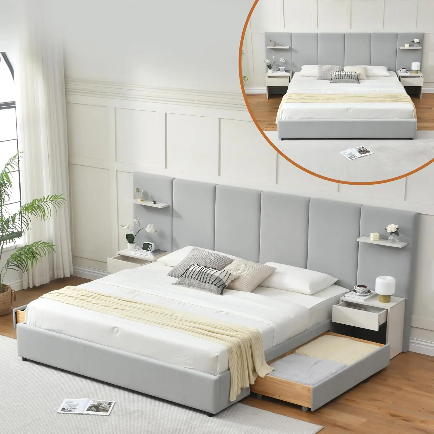 King Size Bed Frame with Storage & Built-in Nightstands & Drawers, Gray | Velvet Upholstered Platform Bed Frame & 6 Floating Sto