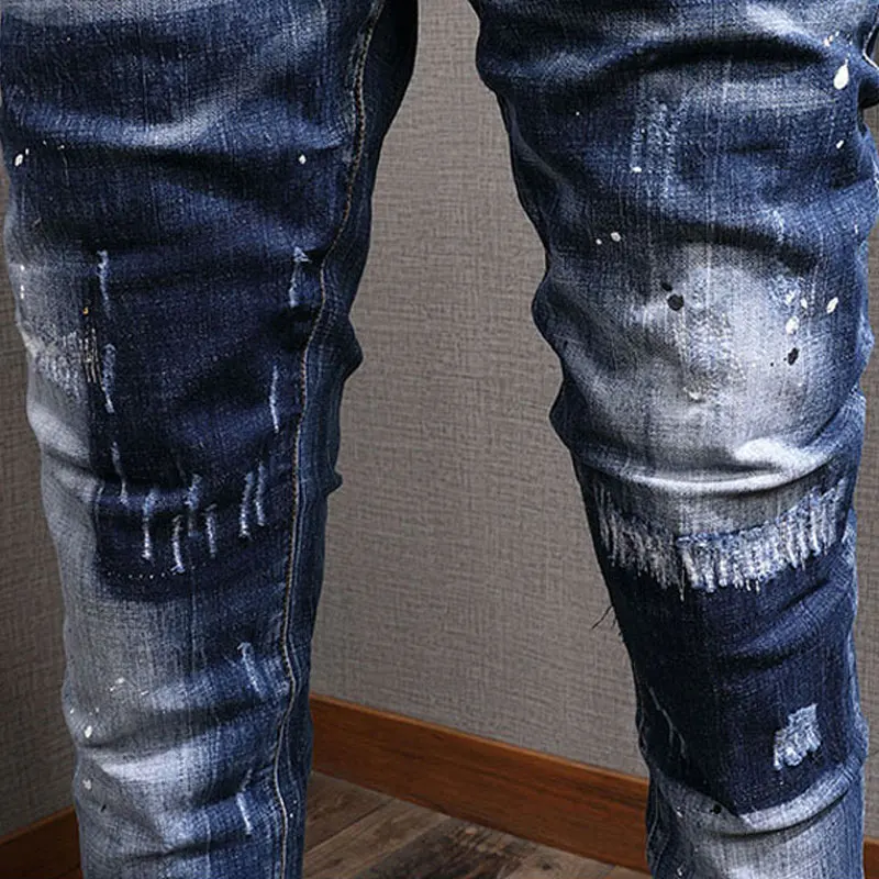 Streetwear Fashion Men Jeans Retro Blue Stretch Slim Fit Fit Ripped Jeans Men Painted Designer Vintage Casual Denim Pants Hombre