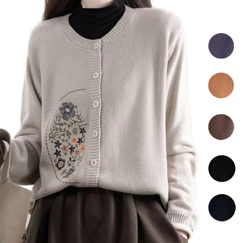 Womens Clothing New Buttons Cardigan Knitting Sweater Women Vintage Printed Knitwears Coat Casual Spring Autumn Female Jacket