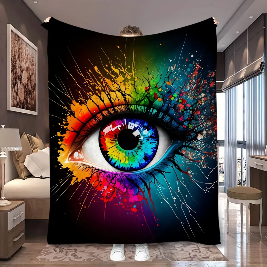 1pc Rainbow Glowing Human Eye Art Print Flannel Blanket, Soft and All-season Usable, Suitable for Blankets, Kid Bed Covers, Livi