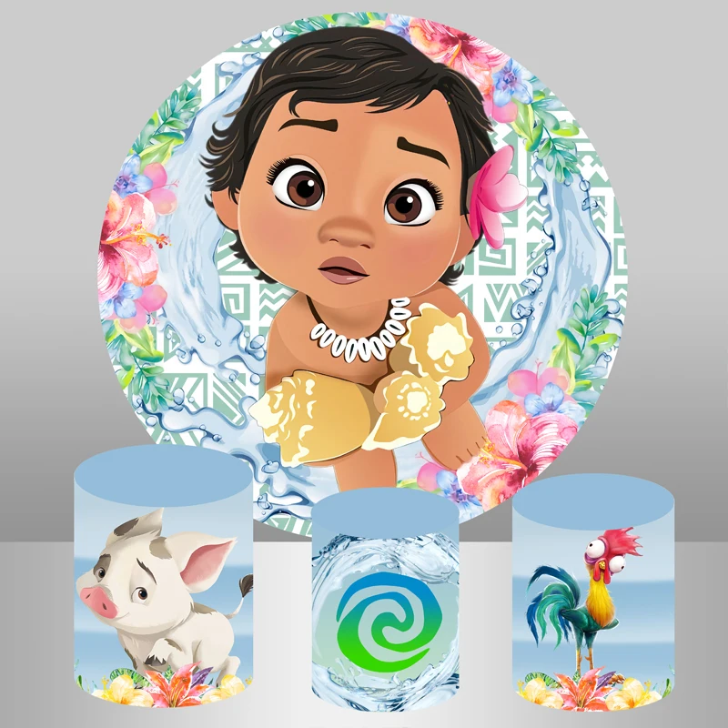 Princess Baby Moana Round Backdrop Cover for Kids Baby Shower Cartoon Waialiki Maui Event Banner Circle Background Plinth Covers