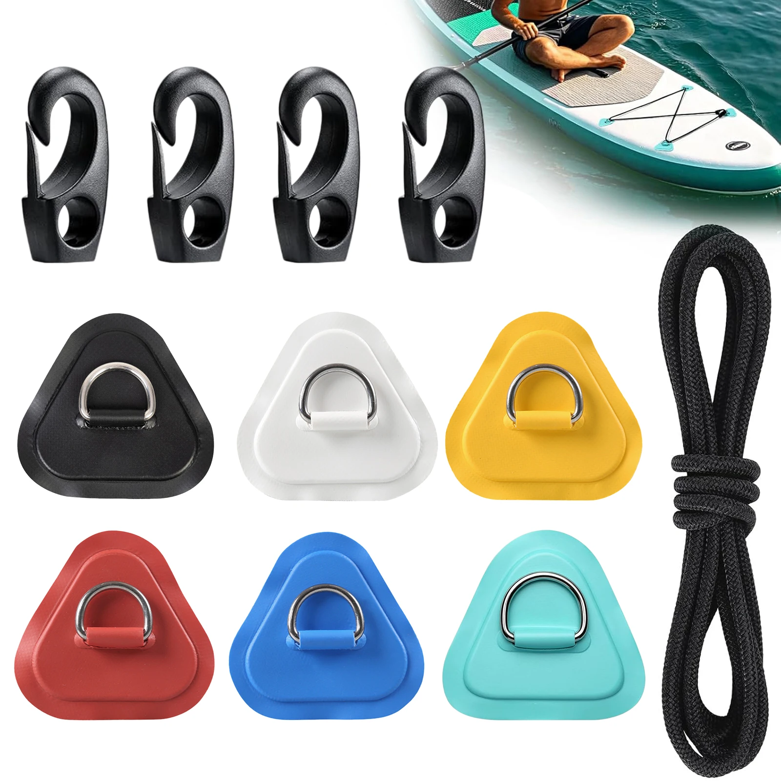 4Pcs Stainless Steel D Ring Patch Kit with 2.5m Elastic Bungee Shock Cord for Inflatable Boat Kayak Dinghy SUP, Paddleboard Pad