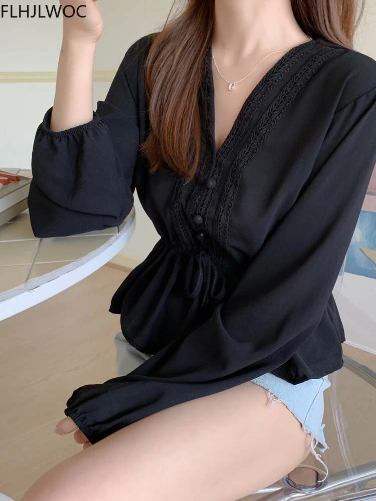 Fall Slim Waist Peplum Top Hot Sales Woman Korea Japan Preppy Style Girls V Neck Cute Sweet Button Shirt Blouse White Black 8806