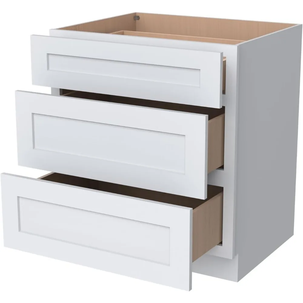 خزانة بأدراج بقاعدة Shaker RTA، 3 أدراج من الخشب الصلب للمطبخ (أبيض، عرض 30 بوصة × عمق 24 بوصة × ارتفاع 34-1/2 بوصة)