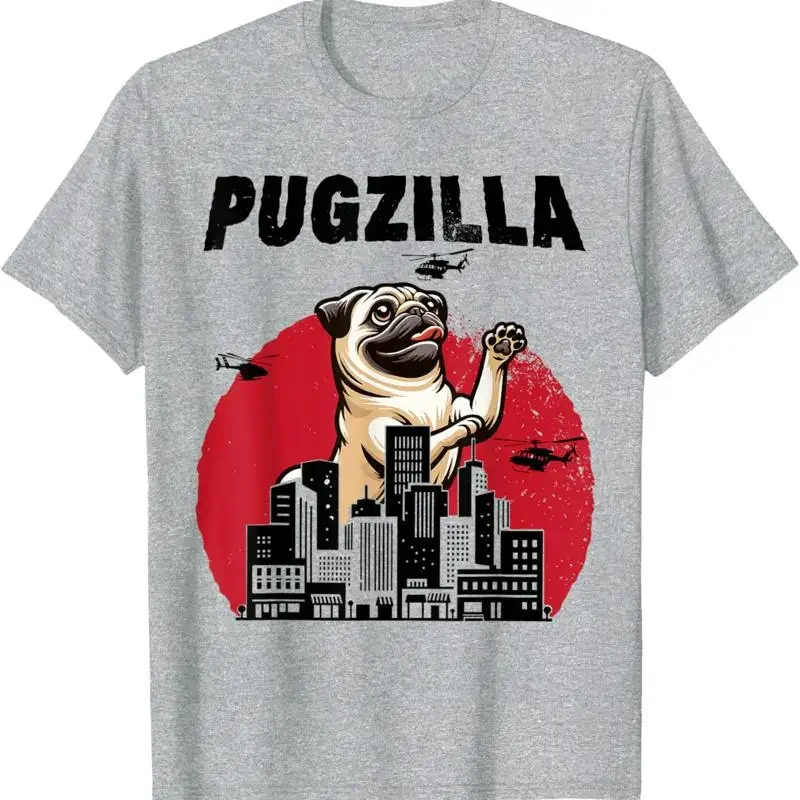 Camiseta Pugzilla con divertido cachorro gigante de Pug en un clásico estilo de terror de la ciudad de Japón
