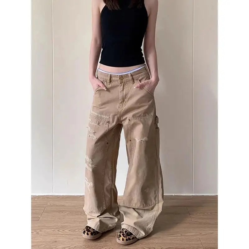 

Y2K женские широкие джинсы цвета хаки винтажные 2000-х годов мешковатые повседневные свободные джинсовые брюки с высокой талией американские брюки-карго осень