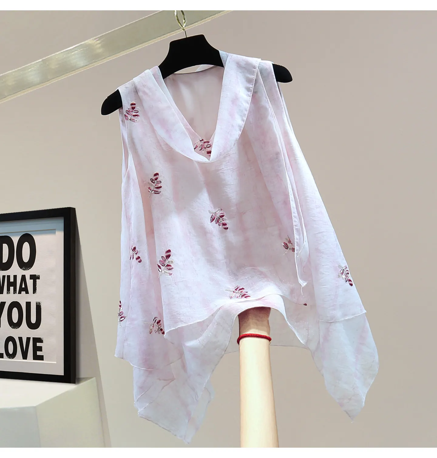

Heavy Embroidered Sequin Smudged Chiffon Blouse for Women, 2026 Summer Loose Slimming Look Asymmetrical Ribbon V Neck Top Shirt
