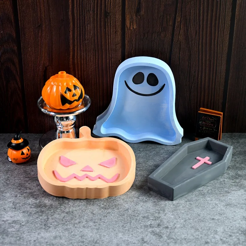 Halloween Tray Silicone Mold Ghost Spider Web Pumpkin Tray Molds Candle Cup Cement Plaster Tray Mold Jewelry Display Trays Mould