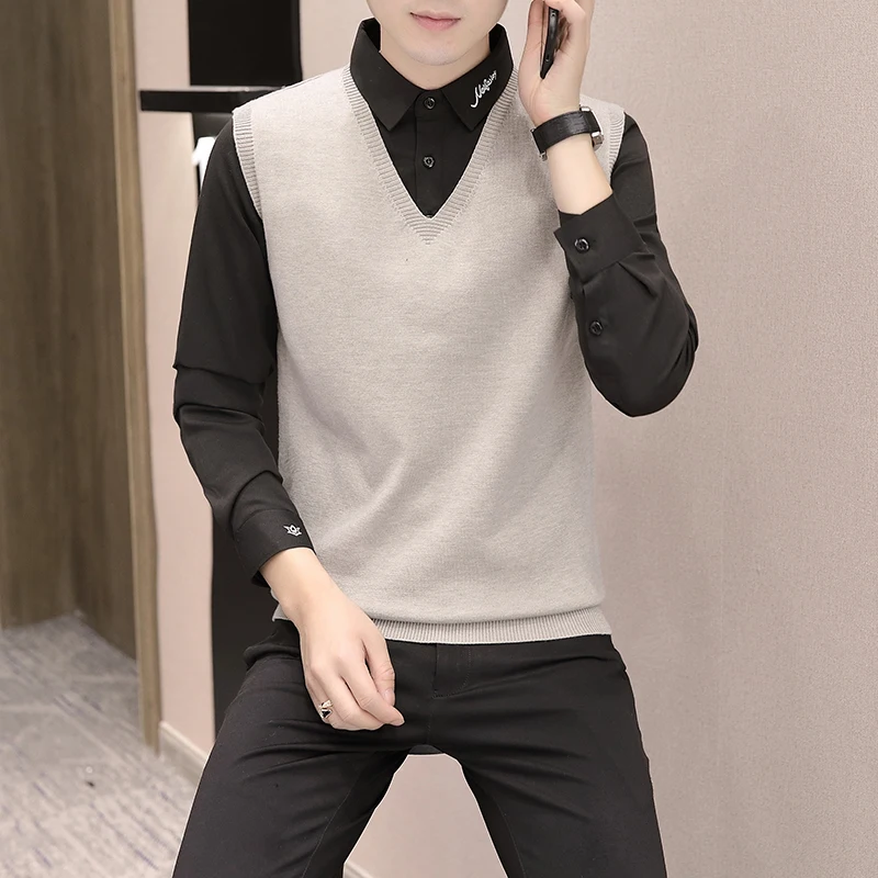 

Мужской свитер с воротником-стойкой, имитация двухслойности, осенне-зимний, новая корейская версия, вязаный жилет, базовый повседневный свободный крой