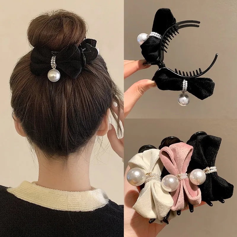 

Delicate Flocked Double Sided Bowknot Imitation Pearl Hair Claw Elegant Hair Accessories for Women Fashion Ponytail Shark Clip