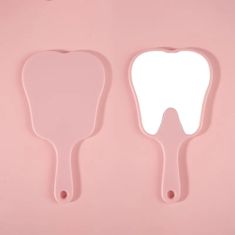Espelho de maquiagem portátil portátil com design de dentes de desenho animado compacto de plástico fofo para estudantes de viagem de mesa
