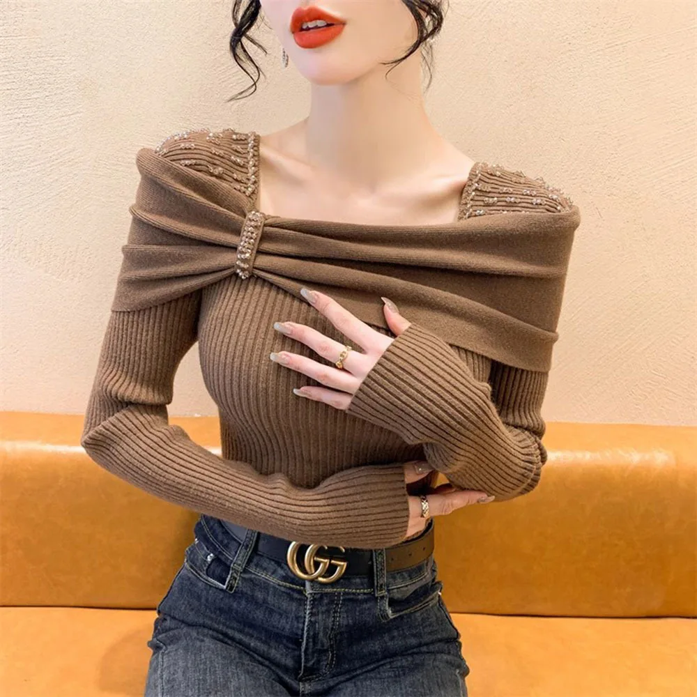 Autumn Winter Knitted Women Clothing Sweater Women Chic Sexy Bow Beading Long Sleeve Slim Tops Pullover Female Elegant Jumpers