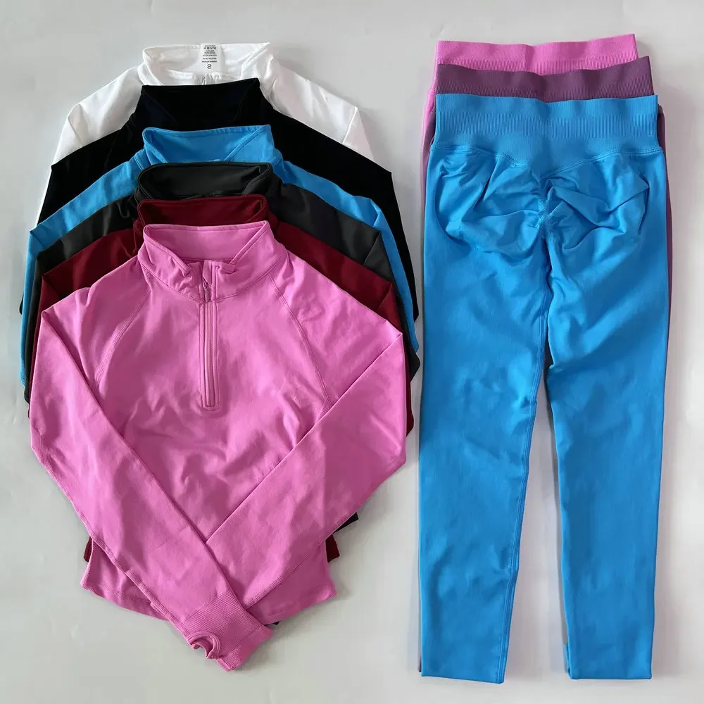 

Комплекты для йоги из 2 предметов, куртка с длинными рукавами, спортивный топ с полумолнией, леггинсы с высокой талией, костюмы для фитнеса, бесшовный комплект для тренировок для бега