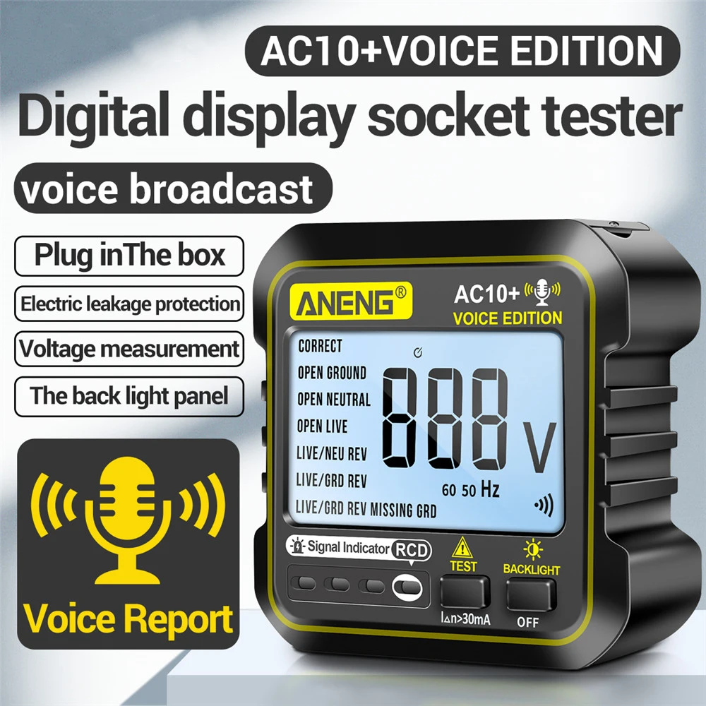 AC10+ 90 ~ 250V Tester gniazda Wtyczka Detektor napięcia Transmisja głosowa Wtyczka linii zerowej Sprawdzanie fazy Detektor fazy Wtyczka US EU