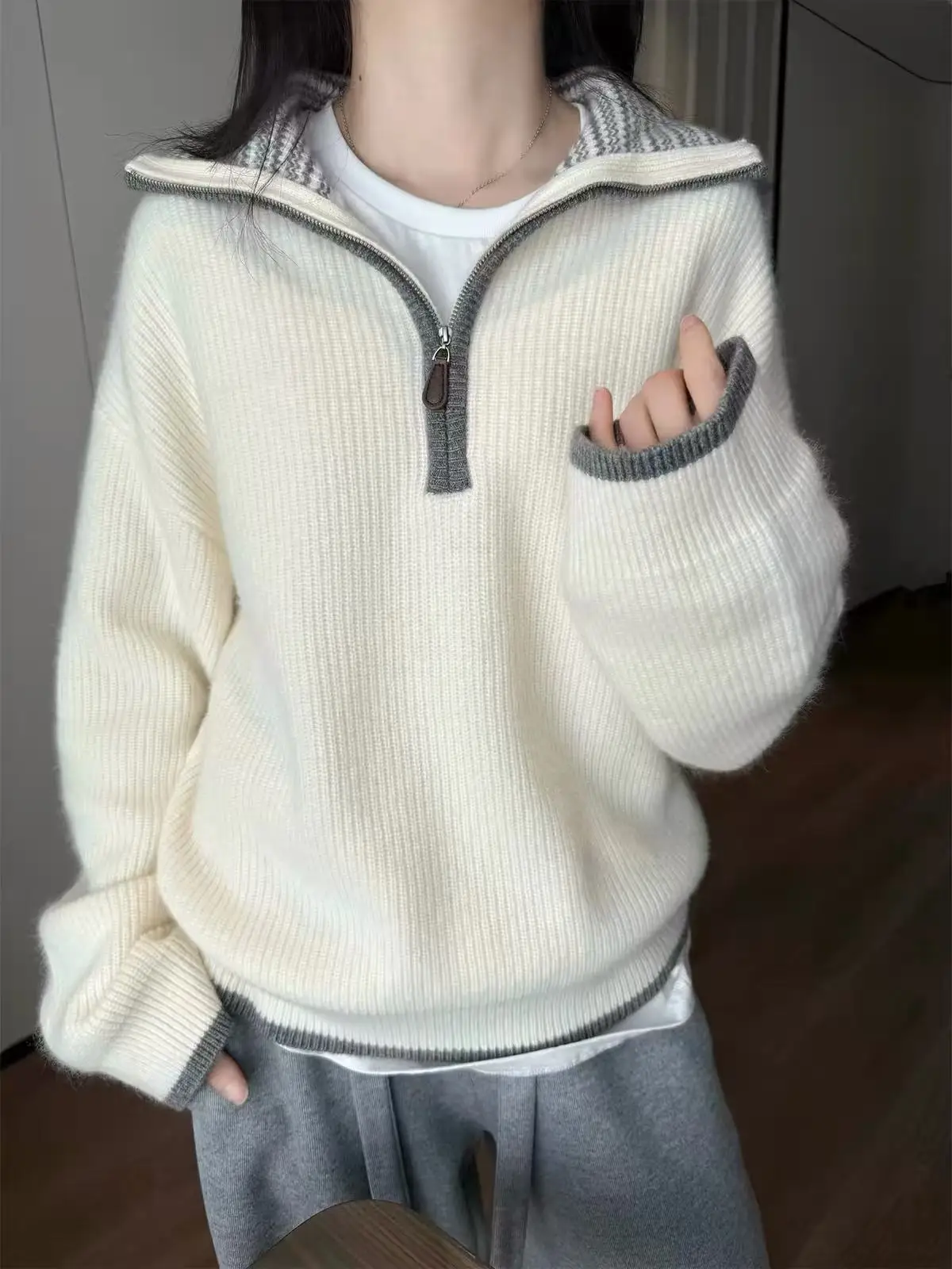 100% pure wool semi-zipper lapel thickened sweater women's autumn and winter warm turtleneck knitted wool sweater