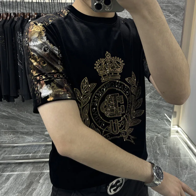 2023 European New Men\'s Luxury Short Sleeve T-shirt Fashion Hot Diamond Personalized Flower Casual Round Neck Slim Fit T-shirt