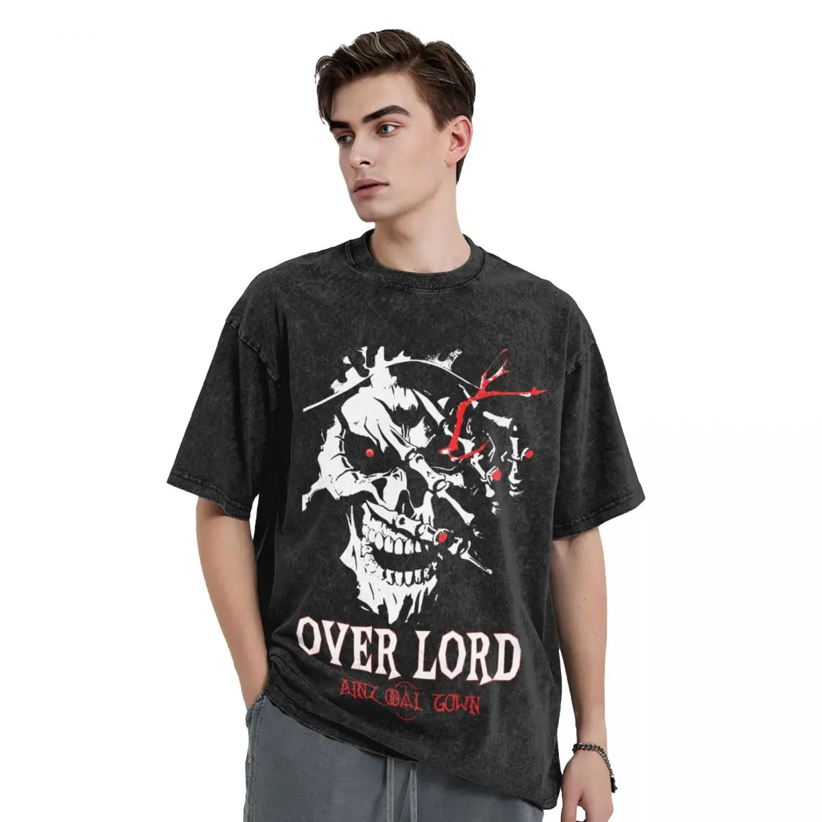 Japanese Anime Overlord Graphic woman Men Washed Hot stamping Print T-Shirt,Cotton Tshirt Men's Summer Short Sleeve Tees