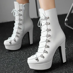 Women's Ankle Boots Platform Autumn Winter Shoes 2024 Yellow Red Black Short Boot Lace-up Dance Party Shoes Lady Big Size 45 50