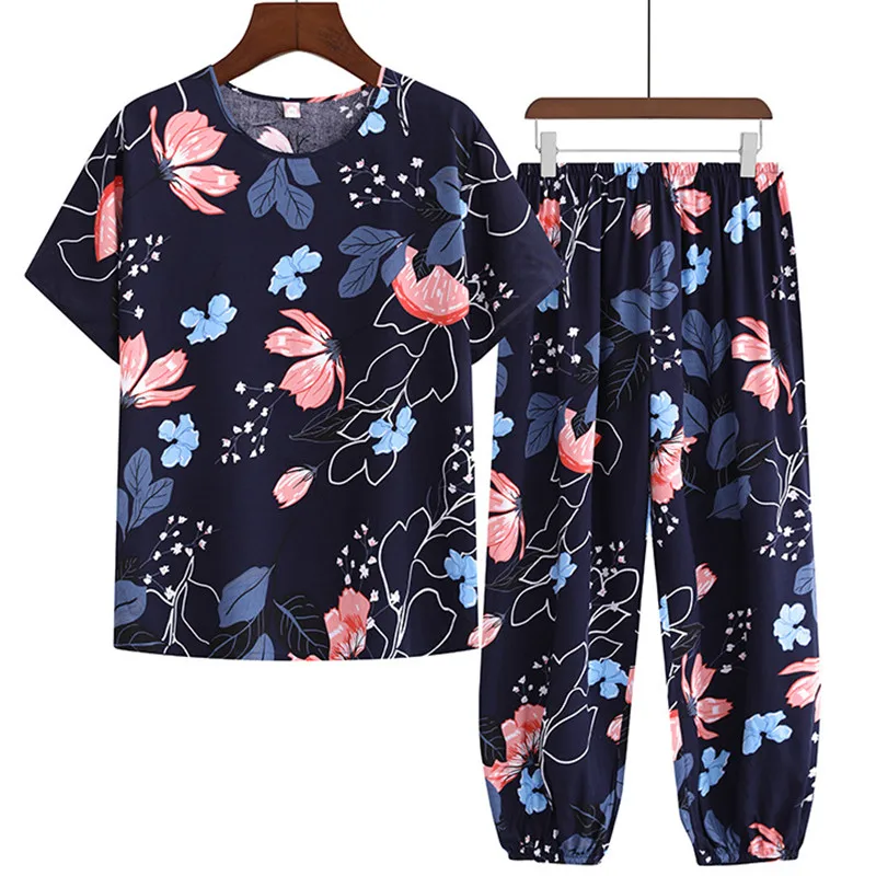 Pijama Feminino New Printed Thin Short Sleeve Trousers Suit Spring Summer Home Wear Cotton Rayon Sleepwear Women Pyjamas Set