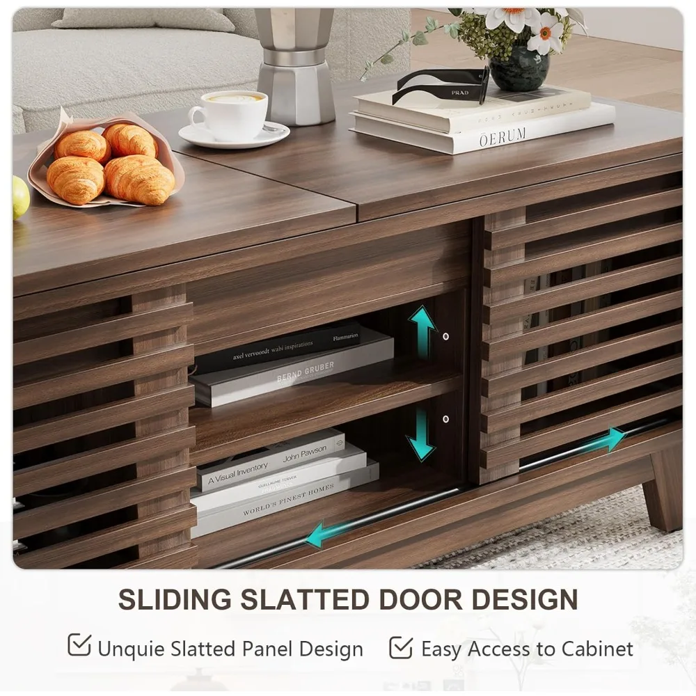 Coffee Table with Storage, Fluted Small Center Table with Sliding Tabletop and Hidden Storage, Cabinets, Adjustable Shelves