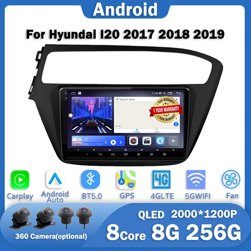 

Автомагнитола для Hyundai I20 2017 2018 2019 Android 14 Carplay и Android, мультимедийный видеоплеер, GPS-навигация, Wi-Fi + 4G, стерео