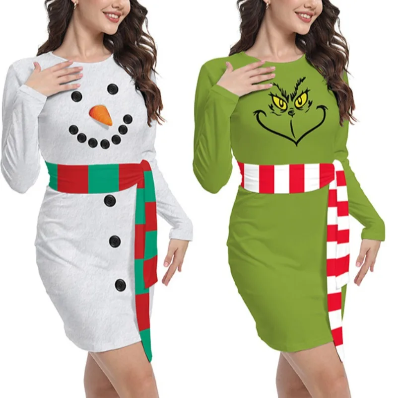 

Santa Costume for Women Christmas Mrs. Santa Claus Dress Snowman Printed Cosplay Party Role-Playing Stage Performance Costume