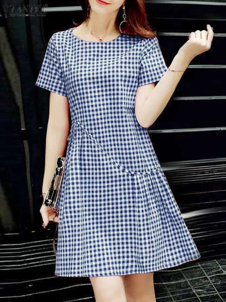 ZANZEA Modna Letnia Sukienka w Kratę Vintage Damskie Sukienki 2025 Codzienna Sukienka na Rękawach Krótkich do Pracy Sukienka Letnia do Kolan Szata Vestidos
