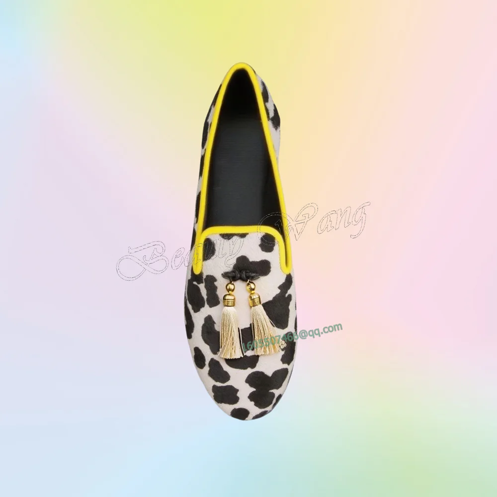 

Milk Cow Print Pumps Fringe Decor Yellow Edge Men Shoes Men's Dress Shoes Gentlemen Slip on Party Shoes Big Size 47 Sprig Autumn