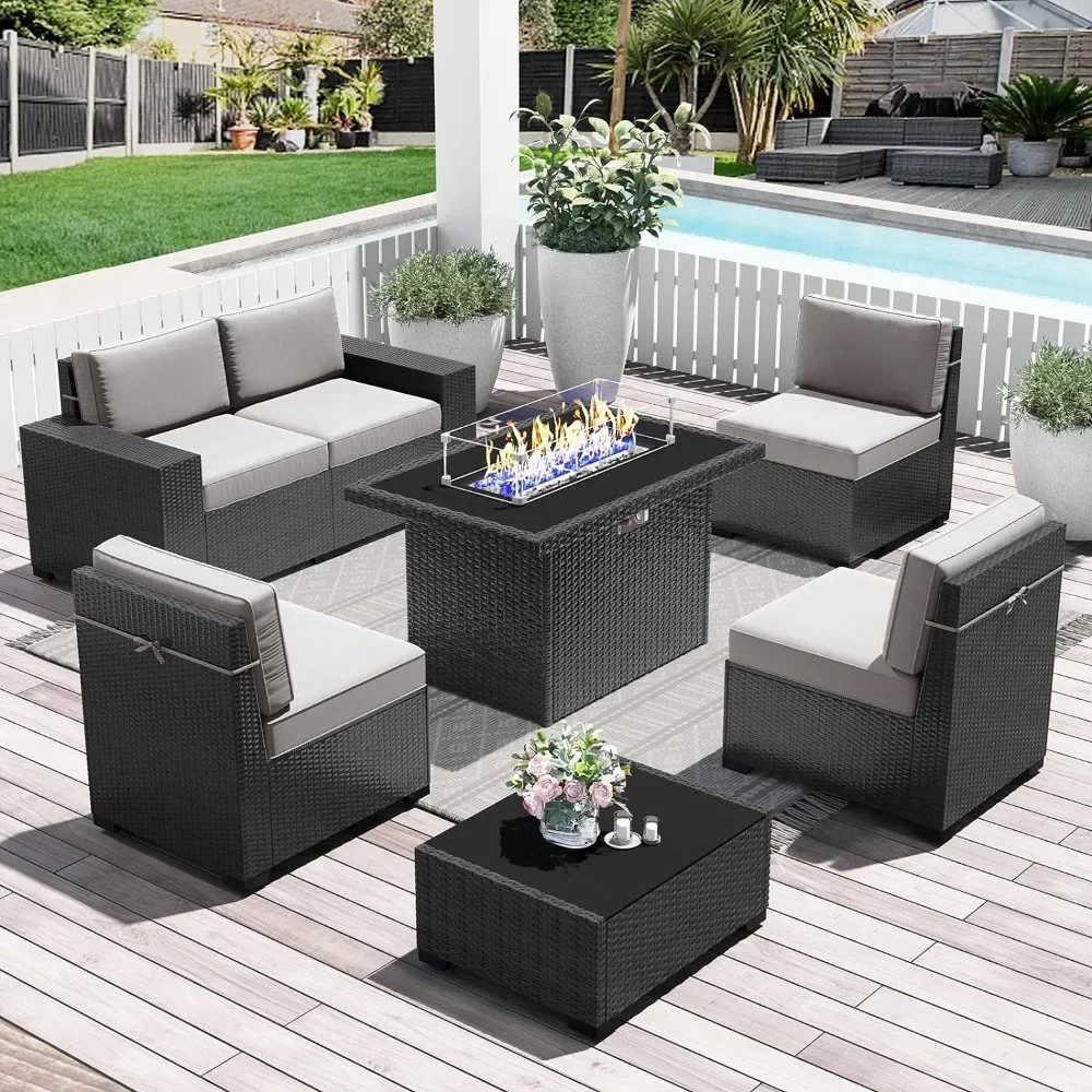 

Outdoor Sofa Sets, 7 Pieces Outdoors Patio Furniture Set with 44" Fire Pit Table , Outdoor Garden Sofa Set