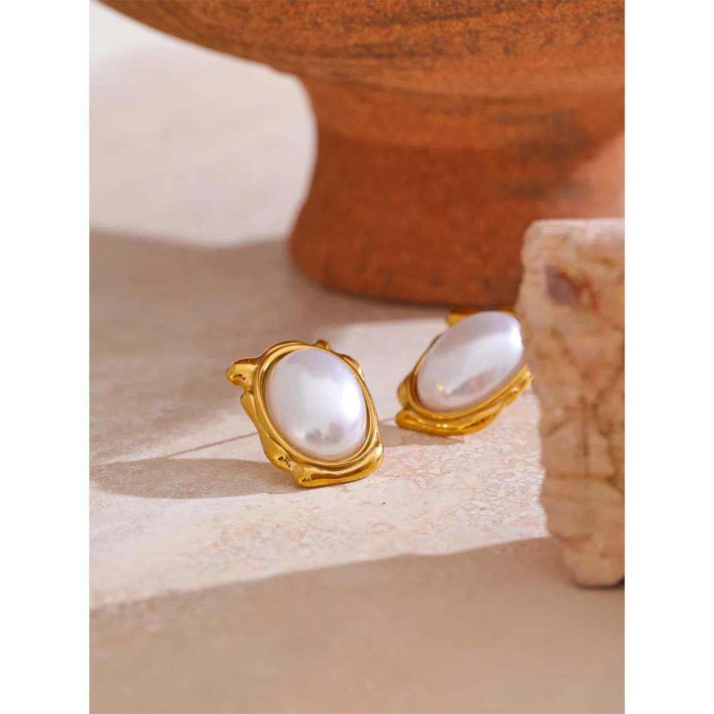 Yhpup Elegant Simulated Pearls Round Daily Stud Earrings for Women 18K Gold Color Plated Stainless Steel Vintage Jewelry New