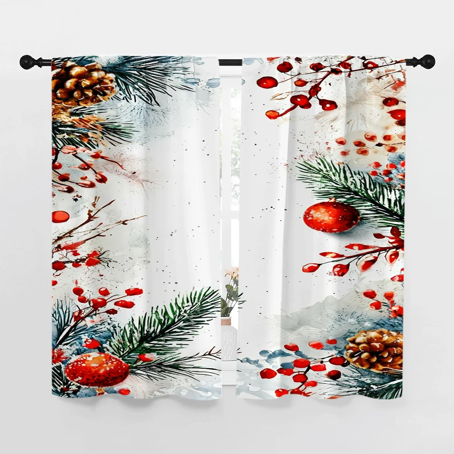2PCS Christmas Digital Print Curtains, White Pine Branches Red Berries Pinecones, Rustic for Living Room Bedroom Window Decor