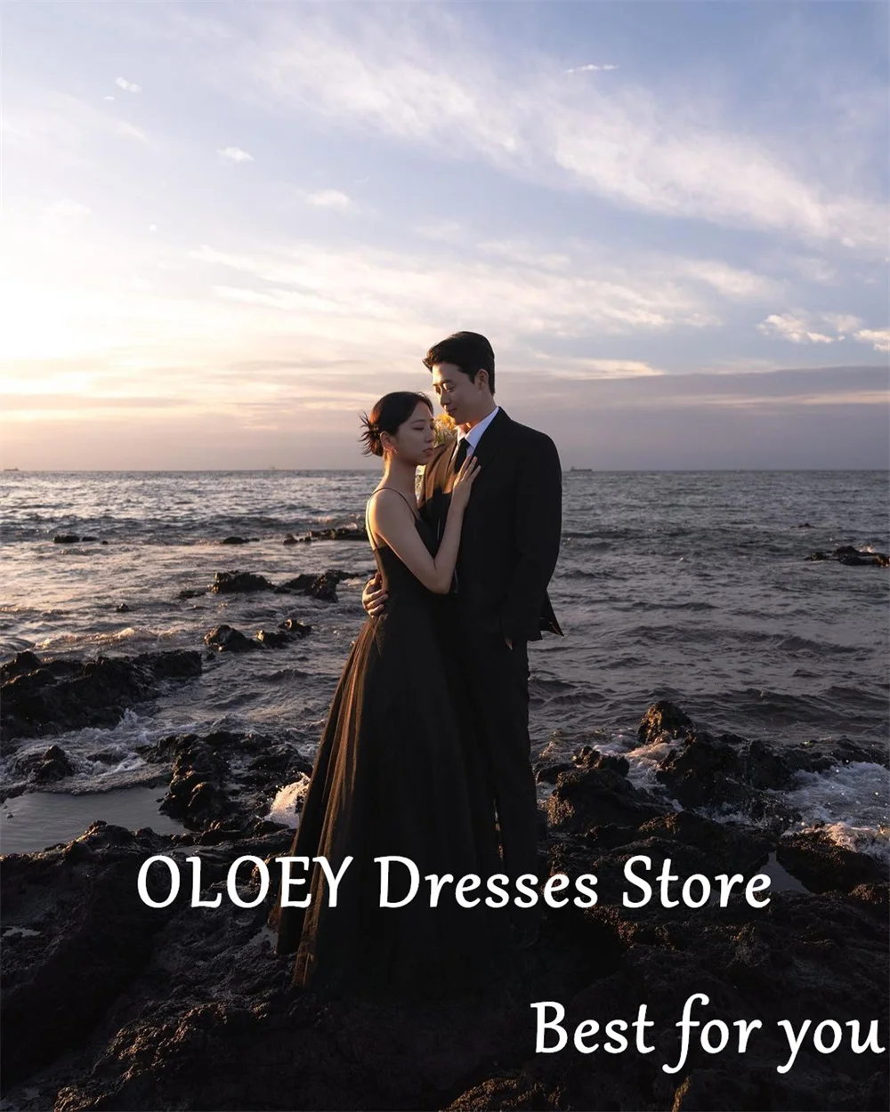 OLOEY-Vestidos de Noche elegantes para sesión de fotos, traje negro con escote Corazón, tirantes en los hombros, línea A, Espalda descubierta, recepción