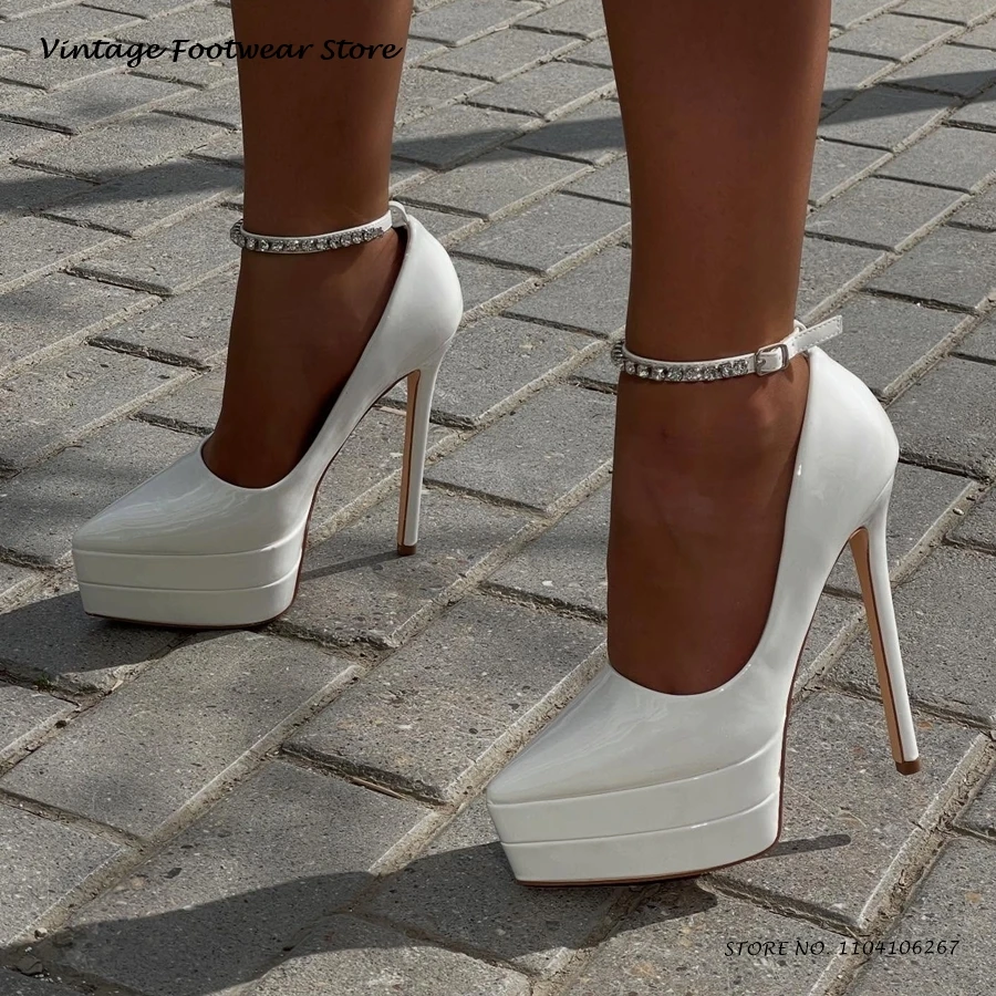 

Туфли-лодочки на двойной платформе с кристаллами и пряжкой на ремешке, офисные туфли на тонком высоком каблуке с острым носком, лакированные кожаные вечерние туфли на высоком каблуке