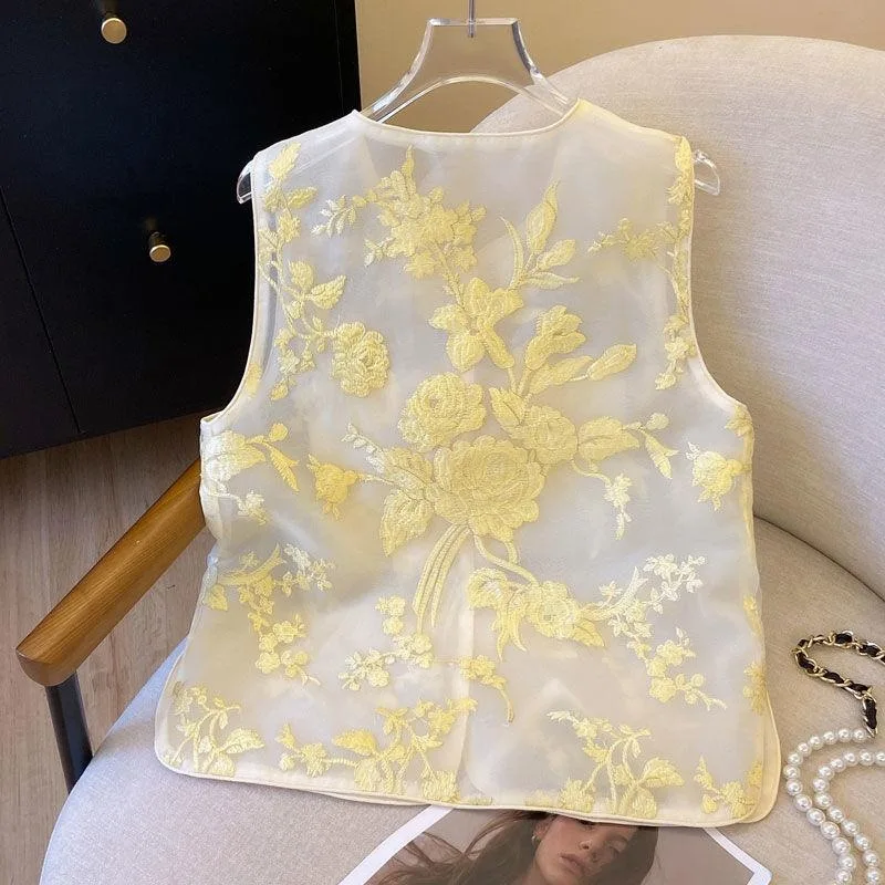 Advanced Chinese Style Embroidery Organza Vest, New Chinese Heavy Industry Buckle Thin Vest, Layered Sleeveless Vest