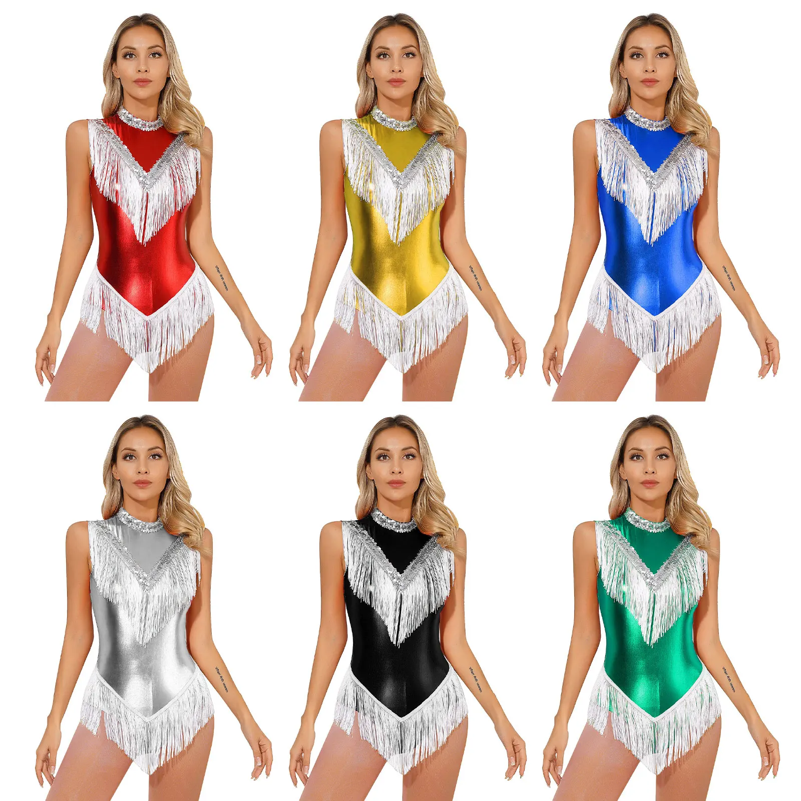 Womens Sparkly Latin Dance Leotard with Tassels Sequins Rhythmic Gymnastics Dance Bodysuit Ballerina Jazz Dancing Stage Costume