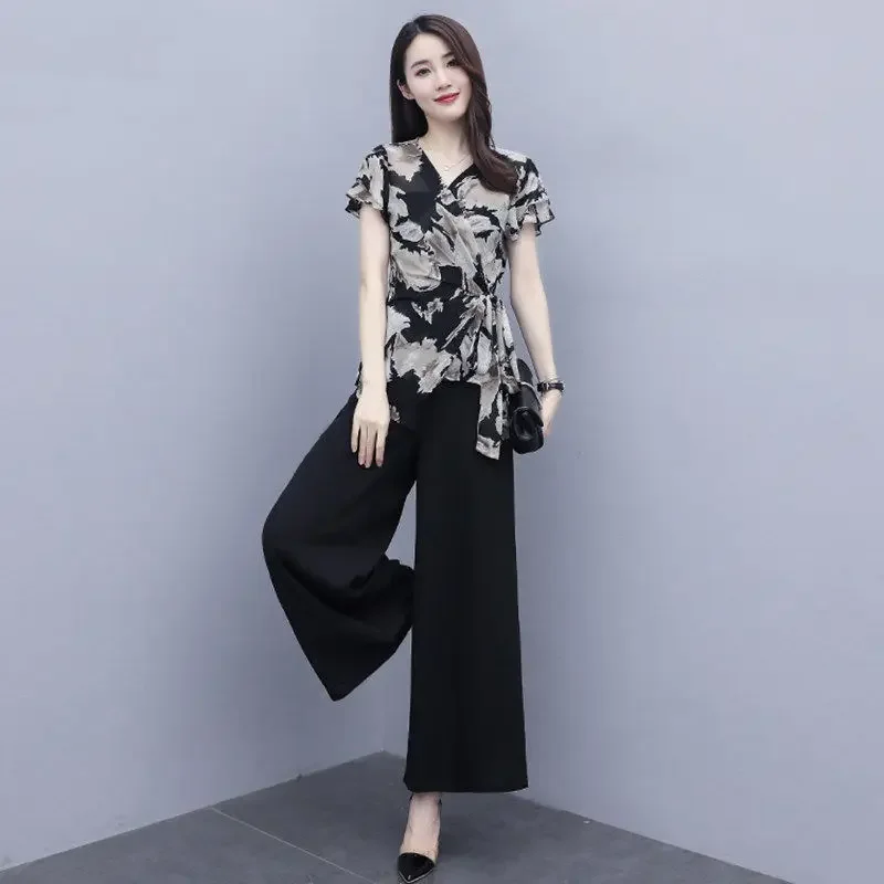 Wide Leg Pants Suits Female 2024 Summer New Two Piece Sets Womens Outfits Fashion Casual Chiffon Clothing Femme Mujer Y105